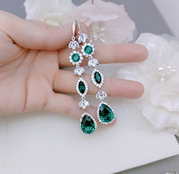 Long Emerald Green Earrings Emerald Chandelier Earrings Swarovski