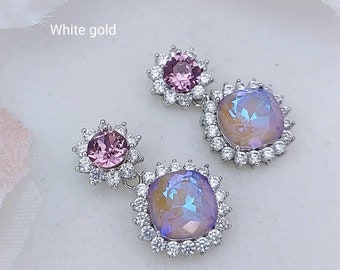 Purple Bridesmaids Earrings Violet Bridal Earrings Halo Earrings with Square Dangle Dainty Earrings for Wedding Rose Gold Earrings