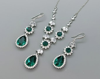 Swarovski Emerald Jewelry Set, dark green crystal earrings and back drop necklace wedding jewelry set Rose Gold bridal jewelry