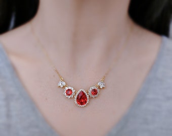 Ruby Red Back Drop Necklace, Swarovski Scarlet Red BackDrop Bridal Necklace, Dark Red Bib Necklace in Gold Rose Gold and Silver