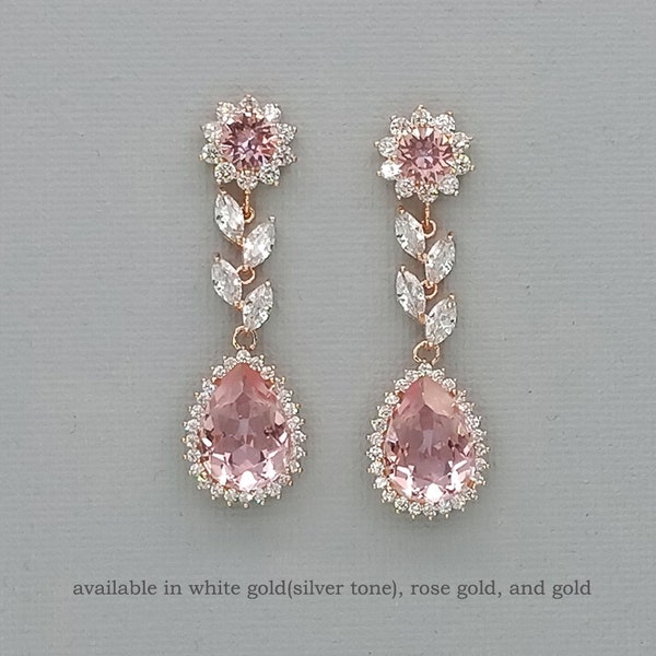 Baby Pink Crystal Drop Chandelier Wedding Earrings, Leaf Round Halo Swarovski rhinestone Studs Earrings for Brides, rose Gold, silver