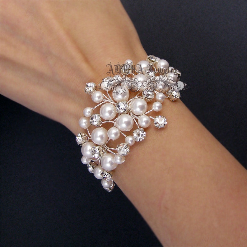 Bridal Bracelet, Gold Wedding Bracelets, Pearls Bracelets, Off White Pearls Rhinestone Vine Wedding Jewelry for Brides, Bridal Jewelry image 1