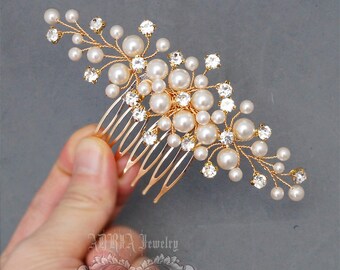 Gold Bridal Hair Comb, Wedding Hair Accessories, Available in Silver and Gold, White and Ivory Swarovski Pearls, Head Piece