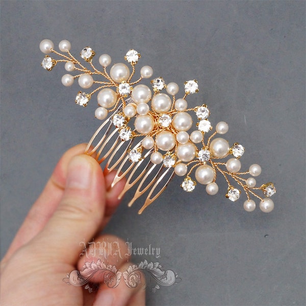 Gold Bridal Hair Comb, Wedding Hair Accessories, Available in Silver and Gold, White and Ivory Swarovski Pearls, Head Piece