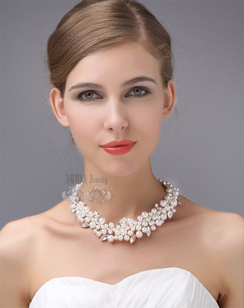 Wedding Necklace, Pearl Bridal Necklace, Vintage Rhinestone Chunky Wedding Necklace, Multistrands, Statement Necklace, Swarovski Necklace image 2