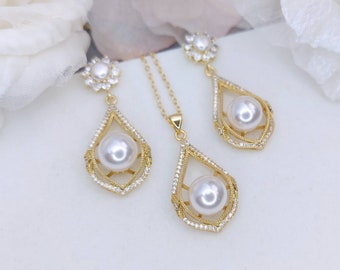 Pearl Bridal Jewelry Set Gold Art Deco Wedding Earrings Necklace Sets Teardrop Dangle Earrings Swarovski Wedding Jewelry Set for Brides