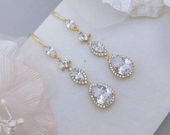 Gold Bridal Earrings Long Crystal Drop Earrings CZ Wedding Earrings Cubic Zirconia Bridal Jewelry Rose Gold Earrings for Brides