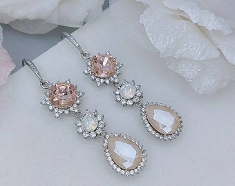 Beige Chandelier Earrings Blush Wedding Earrings Swarovski Vintage Rose Bridal Earrings Long Blush Pink Dangle Earrings for Brides