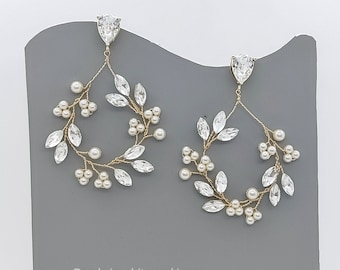 Pearl and Crystal Vine Earrings, Gold Boho Bridal Earrings, Teardrop Stud Hoop Boho Jewelry, Wire Wrapped Hoop Wedding Earrings