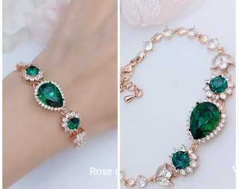 Swarovski Emerald Bracelet Rose Gold Wedding Bracelet Emerald Green Bracelet for Brides Emerald Wedding Jewelry