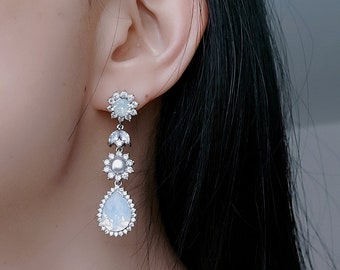 Pearl and Opal Earrings, Round Halo Studs Teardrop Dangle Bridal Earrings, Swarovski White opal jewelry, Silver Chandelier Wedding Earrings