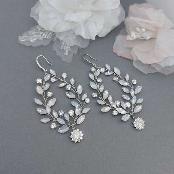 Opal Bridal Earrings Silver Vine Earrings Crystal Wedding Earrings Rose Gold Bridal Jewelry Bridal Hoop Earrigs