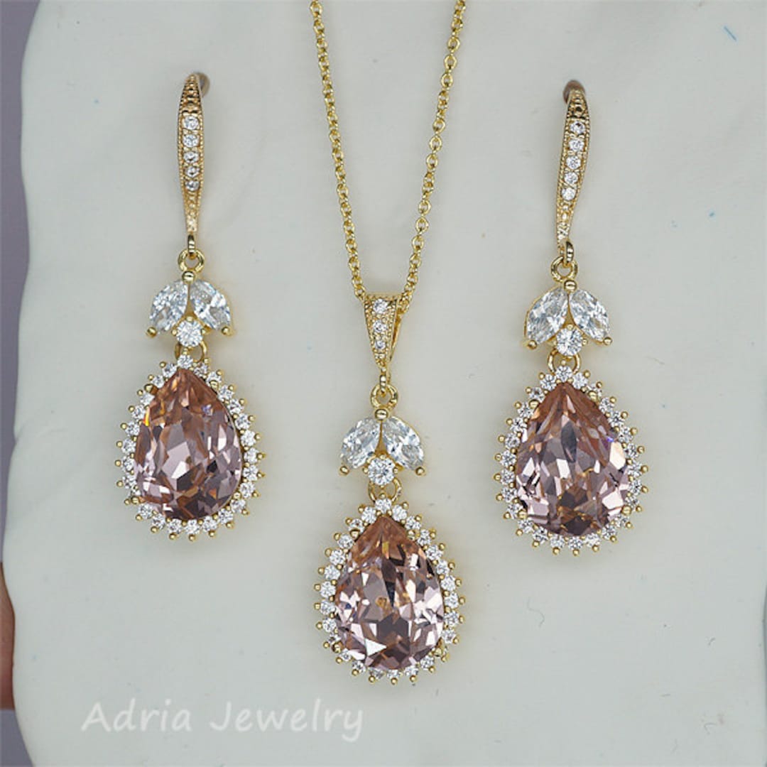 Blush Pink Jewelry Set, Pink Crystal Necklace and Earrings Set, Bridal