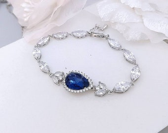 Dark Blue Bracelet Navy Blue Bridal Bracelet Teardrop Wedding Bracelet Silver Bridal Jewelry Royal Blue Bracelet in Rose Gold