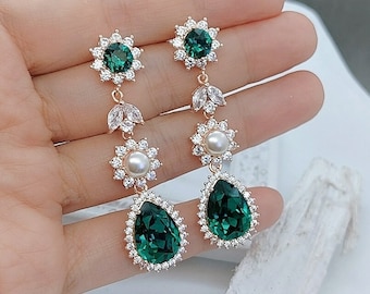 Swarovski Emerald and Pearl Earrings, Emerald Green Bridal Jewelry, Rose Gold Long Chandelier Earrings, Round Leaf Teardrop Halo Earrings