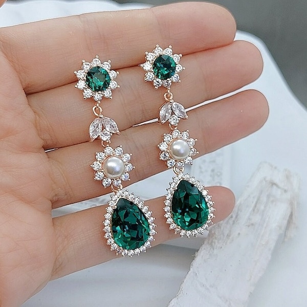 Swarovski Emerald and Pearl Earrings, Emerald Green Bridal Jewelry, Rose Gold Long Chandelier Earrings, Round Leaf Teardrop Halo Earrings