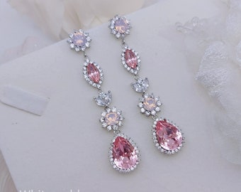 Extra Long Chandelier Earrings Blush Pink Bridal Earrings CZ Halo Stud Crystal Drop Pear Leaf Silver Rose Gold Statement Wedding Earrings