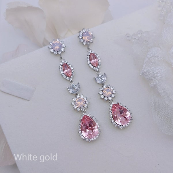 Extra Long Chandelier Earrings Blush Pink Bridal Earrings CZ Halo Stud Crystal Drop Pear Leaf Silver Rose Gold Statement Wedding Earrings