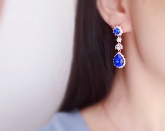 Swarovski royal blue earrings, sapphire chandelier bridal earrings, cobalt blue crystal prom jewelry,rose gold wedding earrings