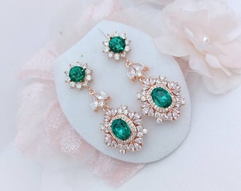large clip on earrings rose gold wedding earrings for brides, emerald earrings with clips, crystal earrings emerald green, Mother Mom