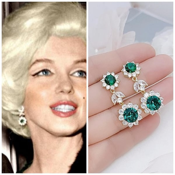 Marilyn Monroe Replica Earrings Marilyn Monroe Emerald Earrings Gold 1950s Vintage Style Jewelry Round Halo Emerald Green Earrings