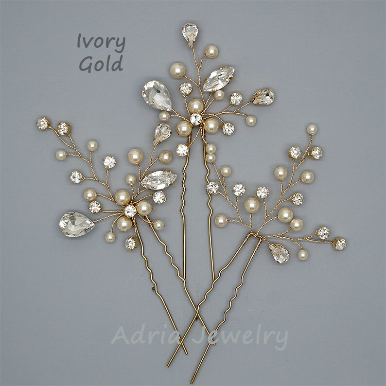 Wedding Hair Pins Set of 3 Gold Hair Pins Crystal Hairpins Etsy