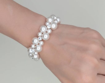 Pearl Wedding Bracelet, Ivory White Pearls Rhinestone Beaded Bridal Bracelet Jewelry, Multi Strands Silver Bride Bridesmaid cuff Bracelet