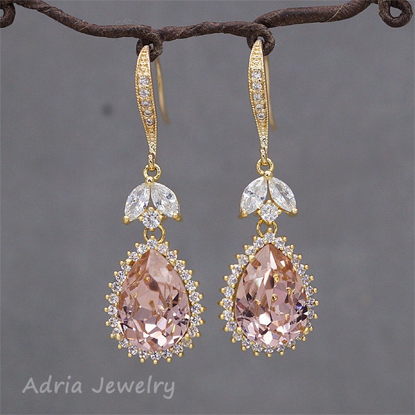 Blush Pink Earrings, Blush Bridal earrings, Yellow Gold Wedding Earrings,Pink Crystal Earrings, Wedding Earrings for Brides