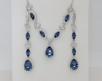 Navy Blue Wedding Jewelry Set, Swarovski Denim Blue crystal  backdrop necklace and extra long crystal drop earrings