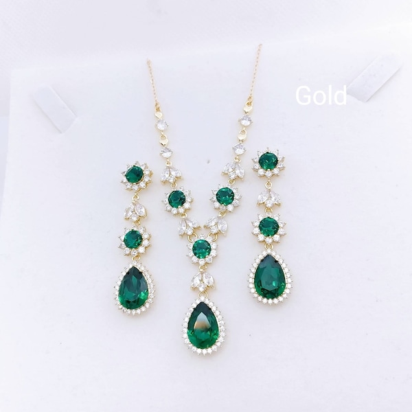 Swarovski Emerald Jewelry Set, dark green crystal earrings and back drop necklace wedding jewelry set Rose Gold bridal jewelry