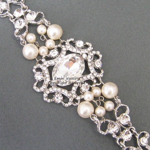 Vintage Style Bridal Wedding Cuff Bracelet, Rhinestone Pearl Wedding Jewelry, B014 Swarovski Ivory Pearl Bracelet,  Vintage Bridal Jewellery