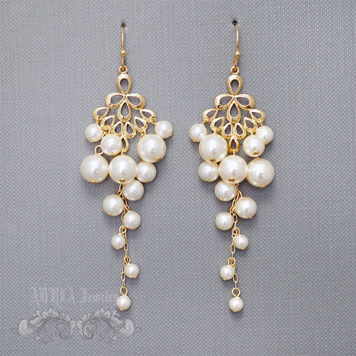 Bridal Chandelier Earrings Pearl Wedding Earrings Gold Etsy