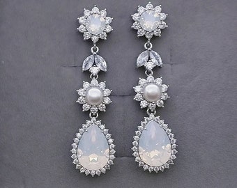 Swarovski White Opal Earrings, Opal and Pearl Bridal Earrings, Chandelier Wedding Earrings, Elegant Formal Prom Jewelry, Teardrop Earrings