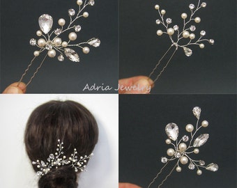 Wedding Hair Pins Set of 3, Gold Hair Pins Crystal Hairpins Bridal Hair pins with Swarovski Pearls Rhinestone Hairpins Bridal Head piece