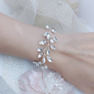 Pearl Wedding Bracelet Silver Bridal Bracelet Off White Pearl and Rhinestone Bracelet Wire Wrapped Branch and Leaf Vine Bracelet
