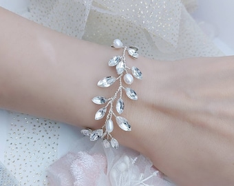 Pearl Wedding Bracelet Silver Bridal Bracelet Off White Pearl and Rhinestone Bracelet Wire Wrapped Branch and Leaf Vine Bracelet