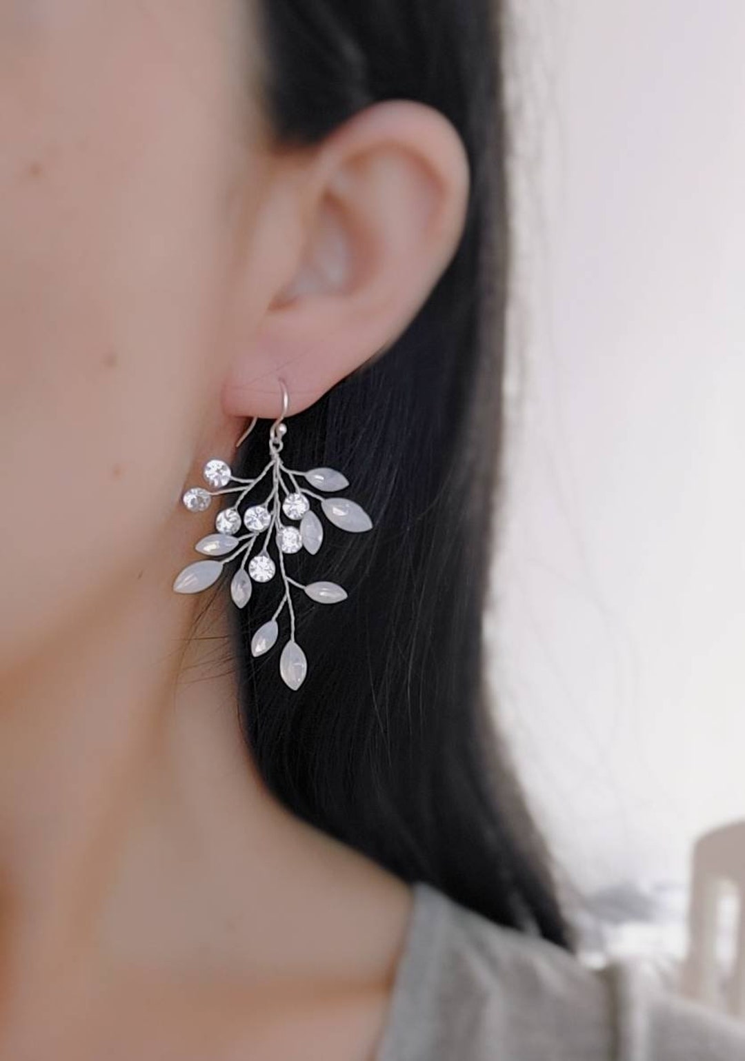 Vine Bridal Earrings Wedding Statement Earrings Silver Leaf Floral