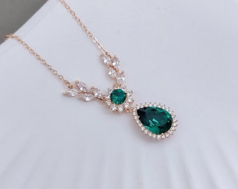 Swarovski Emerald Necklace, Rose Gold Back Drop Necklace, Emerald Green Bridal Necklace, CZ Silver Wedding jewelry for Mother of Brides,