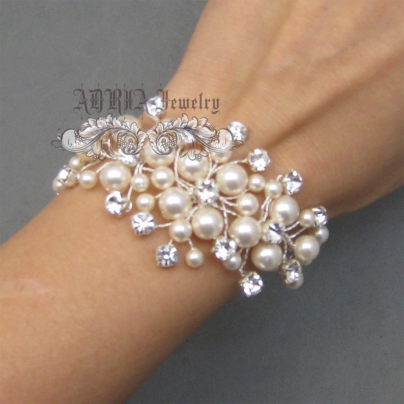 Pulseras de boda Pulsera nupcial de oro, diamantes de imitación y perlas, joyería nupcial de vid, joyería de boda para novias, T1511301 imagen 4