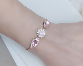 Rose Gold Bridal Bracelet, Swarovski Pink Crystal Bracelet, CZ Silver Pink Opal Bracelet, Navette Halo Cubic Zirconia Bracelet