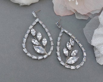 Teardrop Wedding Earrings Silver Leaf Vine Crystal Earrings Cubic Zircornia Wedding Jewelry Pear Shape Hoop Earrings in rose gold