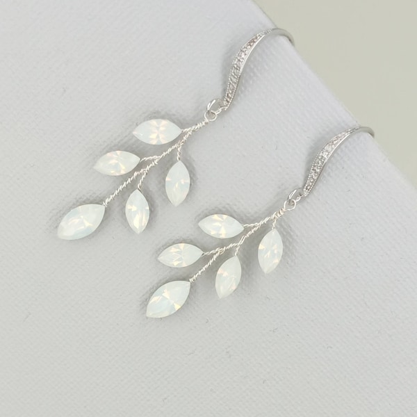 White Opal Vine Earrings silver leaf and branch Boho wedding earrings, rose gold crystal wire wrapped bridal earrings, Boho Bridal jewelry