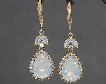 Swarovski White Opal Earrings,Simple Opal Drop Earrings,Bridal Drop Earrings, Opal Wedding Earrings Gold Rose Bridal Jewelry Silver