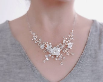 Swarovski Pearls Boho Bridal Bridal Necklace White Leave Floral Wedding Necklace Silver Crystal Cluster Necklace Rose Gold Vine Jewelry