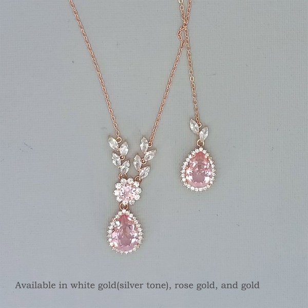 Rose Gold Blush back drop Bridal Necklace, Light Pink Crystal Backdrop Wedding Necklace, Blush Bridesmaids Jewelry