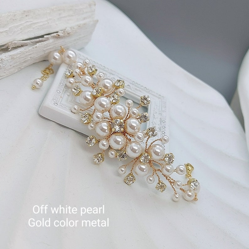 Bridal Bracelet, Gold Wedding Bracelets, Pearls Bracelets, Off White Pearls Rhinestone Vine Wedding Jewelry for Brides, Bridal Jewelry image 6