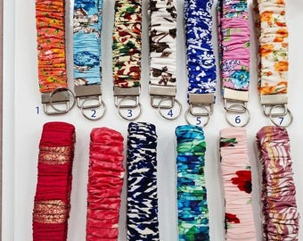 Handmade scrunchie wrislet keychain fob. Handmade in UK, keyring. Gift for her. Car keyring wrislet. House keys wrislet.
