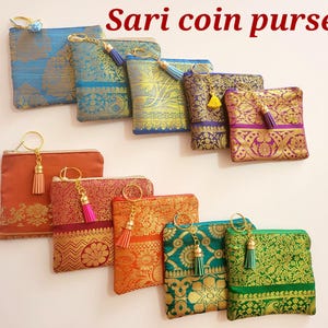 Porte-monnaie sari / pochette sari, 12 x 10 cm, mini portefeuille pour femme. Mini porte-monnaie, sac à main en tissu à fermeture éclair, sac à main fait main, cadeau pour elle.