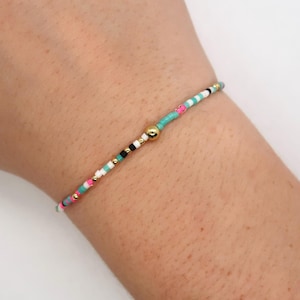 14k Gold Filled Stretch Bracelet- Flamingo Fun | 2mm seed bead bracelet| gold and color bracelet | stacking bracelet | waterproof jewelry