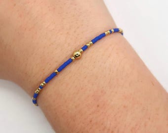 14k Gold Filled Royal Blue Stretch Bracelet-Charlie | 2mm seed bead bracelet| gold and  blue bracelet |stacking bracelet |waterproof jewelry